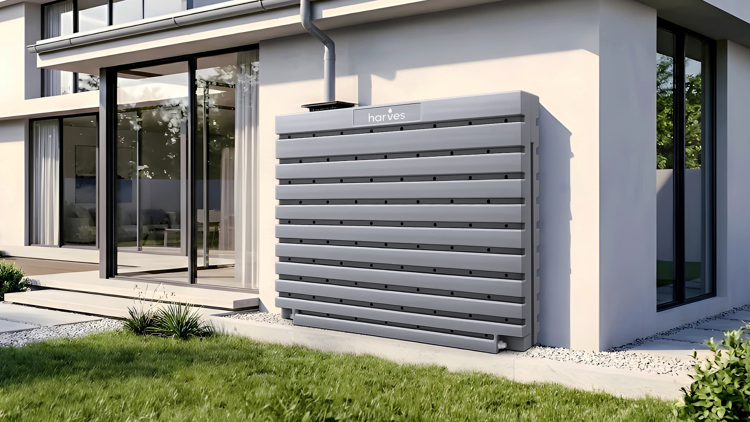 A Harves rainwater harvesting wall installed against the exterior wall of a house.